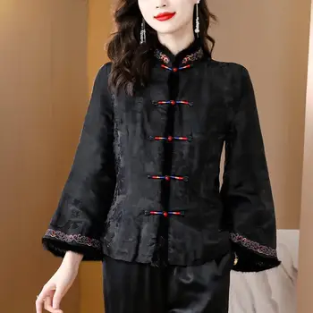 2022 high-end gola de pele de algodão tang paletó womem china vintage tradicional casaco bordado de flores engrossar chinês casaco