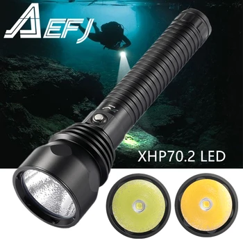 Mergulho Luz Amarela / Branca luz XHP70.2 LED Mergulho Lanterna Super Brilhante 26650 Tocha Subaquática 150M waterproof a Lâmpada