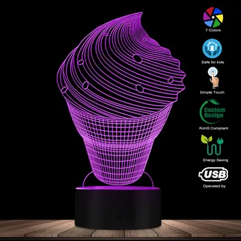 Sorvete Candeeiro de Mesa Suave Cone 3D, ilusão de Óptica Lâmpada Menina, Presentes de Doce Emblema da Luz Iluminado por LED Display LED de Luzes
