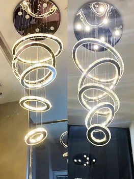 Moderno E Simples De Aço Inoxidável Lustre De Cristal De Iluminação Da Sala De Jantar, Sala De Estar 5 Anel Ajustável Escada De Luz