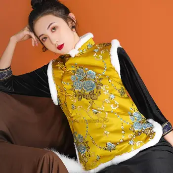 2022 chinês jacquard colete de mulheres sem mangas do casaco acolchoado étnicas tradicionais de estilo vintage gilet tang terno oriental colete retro