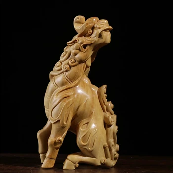 Buxo Escultura Chinesa Em Madeira, Decoração De Pequenos Presentes Afastar Os Maus Sorte Animal Escultura Rugido Para O Céu A Decoração Home