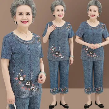 Mulheres de meia-idade Verão Conjuntos de Moda de Impressão de T-shirt Topos & Sete Pontos de Calças de 2 Pcs Conjuntos de Terno Avó Roupas de Verão 5XL