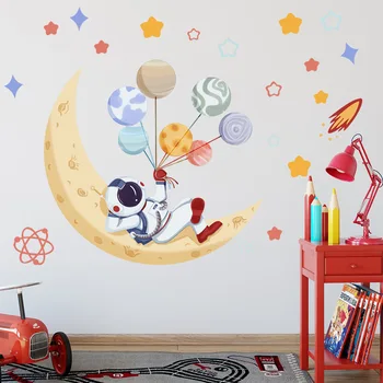 quarto de crianças, spaceman com a lua adesivo de parede decoração adesivos de desenhos animados outspace balão de autocolantes de parede para bebê