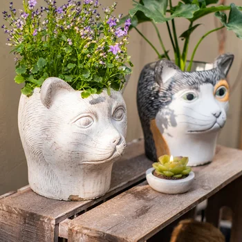 Desenho animado flores, vasos de flores com cabeças de animais carnudos cimento vasos de varandas com para o pátio de enfeites para a decoração da arte do barro vasos de plantas