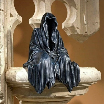 Preto Grim Reaper Estátua Emocionante Manto Negro Noturno, Resina De Trabalho Estatueta Ornamentos Horror Espírito Escultura Decorações