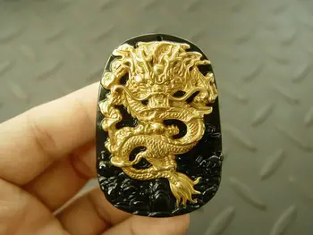Ouro Amarelo 18K Embutimento Natural Obsidian Black Jade Pingente de Dragão Chinês