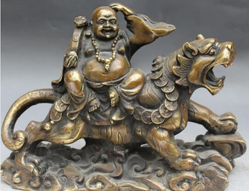 Envio rápido de Bronze Chinês Riqueza Dinheiro Felizes Rir Buda Maitreya Passeio do Tigre Estátua
