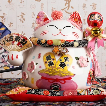 9 polegadas de Cerâmica de Fortuna, Gato Maneki Neko Ornamento, Decoração do Presente Feng Shui Sorte Gato Porquinho Banco Central