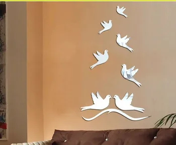 Frete grátis em 3D de aves espelho adesivo de parede para quarto vivo cozinha TV fazendo a decoração , 7pcs por conjunto