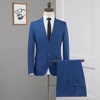 Os homens de Ternos 2 Peças Azul Sólida Linha Simples de Dois Botões de Poliéster de Lapela Para Casual Terno Slim Fit Masculino Blazer+Calça