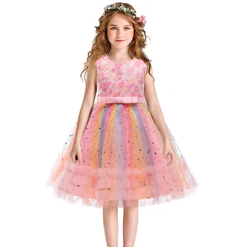 3-10Y Colorido Estrelas Tutu Vestido de Crianças Vestidos de Noiva Para as Crianças Traje de Renda Princesa Vestido de Festa Infantil Menina sem Mangas, Vestido de