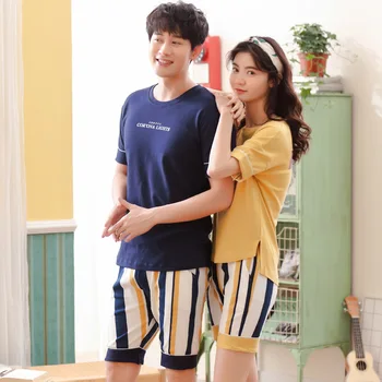 Mulheres e homens 2019 nova algodão de verão de casal coreano de pijama confortável respirável de manga curta, shorts de duas peças de conjuntos de pijama