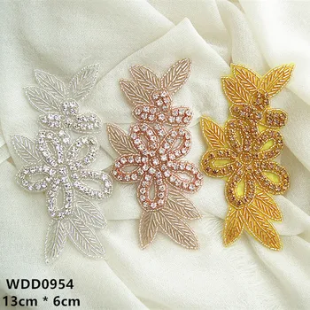 (30pcs) Mão beaded de noiva Strass flor Applique patch de ouro de ferro para o vestido de noiva WDD0954