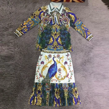 2019 Novo Designer de Moda de Verão de Terno conjuntos Mulheres de manga longa camisa arco peacock Impresso Bodycon Plissado saia Vintage de 2 peças de conjunto