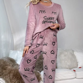Pijama Pour Femme Impressão de Amor&Letra 2PCS de Suspensão de Conjunto de Mulheres com Roupas de Coral do Fleece O-Pescoço para Casa Roupas de Manga Longa Roxo de Dormir