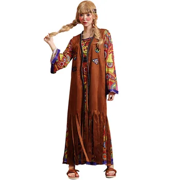 Adultos Vintage Hippie Halloween Férias Floral Vestido Longo Colete de Franjas Tribal Deusa Cosplay Traje para as Mulheres, Festa a Fantasia Roupa