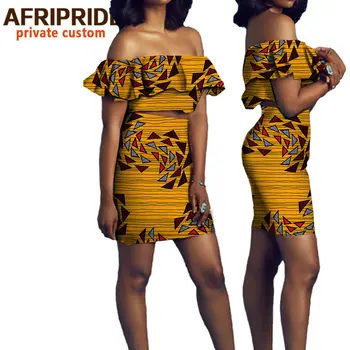 Africana Mangas Curtas Impressão Tops e Conjuntos de Saia para as Mulheres Bazin Riche Africana Roupa de 2 Peças, Saia do Conjunto de Personalizar o Desgaste A722627