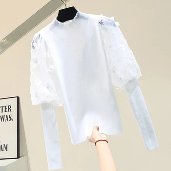 Gola Lanterna De Manga Longa Slim Camisola Camisa Mulheres 2021 Primavera Novas Feminino Elegante Superior Blusas Branco Preto