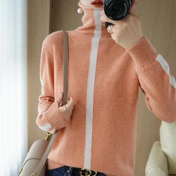 Malha de cashmere mulheres gola alta cor sólida simples solta pulôver de lã camisola 2021 outono e inverno nova camisola
