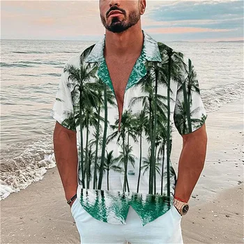 2022 Camisa Havaiana Homem Cubano Colar de Coco Árvore de Impressão Camisas de Moda Manga Curta Masculino Roupas Retro Rua Camisa dos Homens Praia