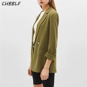 CHBBLF mulheres chiques exército verde blazer botão decorar abrir costurar bolsos de trás de divisão do trabalho feminino desgaste casaco elegante XDL2193