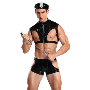 Sexy Mens Fetiche Cupless Trajes de Polícia de Cosplay Lingerie Conjunto de Chapéu de Top e Shorts BDSM T-Shirt Calcinha Adulto Recursos