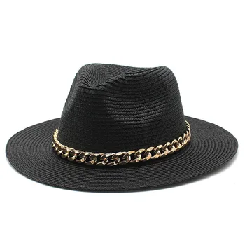 Nova Moda de chapéu de palha Com a Cadeia de mulheres de topo plano flat brim, chapéu alto e de lazer ao ar livre do sol chapéu do sol chapéu do-sol à beira-mar da praia de chapéu
