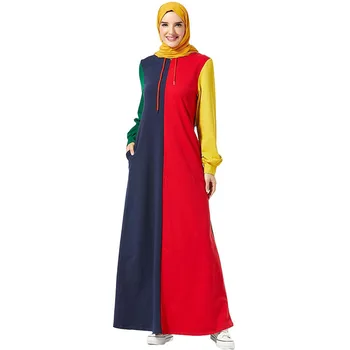 Europeu e Americano de moda de capuz, bolso de costura multicolor vestido longo Arábia saudita Muçulmano, a Turquia, Dubai, magro vestido de viagens