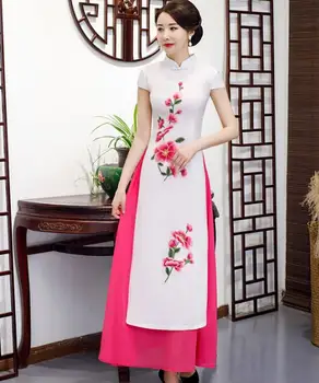 Ao Dai Cheongsam Vietnã Mulheres De Verão Vestido Longo Bordado Qipao Vintage
