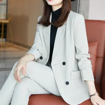 Coreano do office de duas peças de terno de saia terno de outono e inverno elegante manga longa solta jaqueta calças de duas peças de mulheres terno roxo