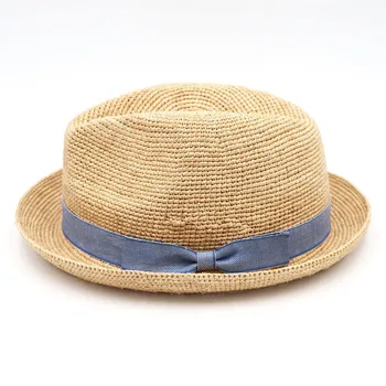 202006-gaoda-150102 de verão feito a mão fina palha da costa grama azul bowknot clássico fedoras cap homens mulheres panamá jazz chapéu ao ar livre