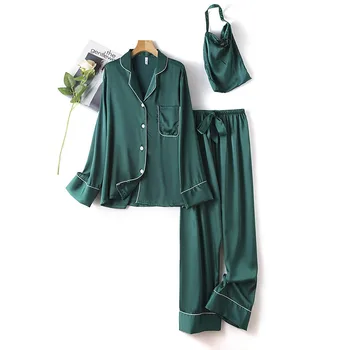 Feminino 2PCS Pijama Terno de Cetim Verde de Pijamas, Pijamas 2021 Novo Íntima Lingerie de Seda Sono Conjunto Sólido Homewear Sleepwear