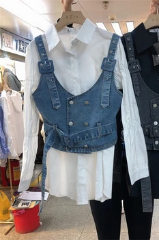 2021 Primavera Novo Estilo Coreano Solta Camisa De Manga Comprida + Apertado Colete Jeans De Cintura Duas Peças De Conjunto Feminino Blusa Tops