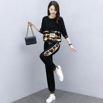 Mulheres Terno de Suor Outono Inverno Casuais Novo Estilo coreano de Moda Elegante Plus Size Solta Tops, Calças de 2 Duas Conjunto de peças de Roupas de Menina