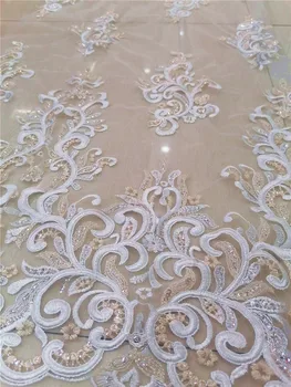 Bordado branco do laço / Casamento Com cristal design de bordado de Lantejoulas de tule francês fio do laço de tecido Africano laço de 5 metros