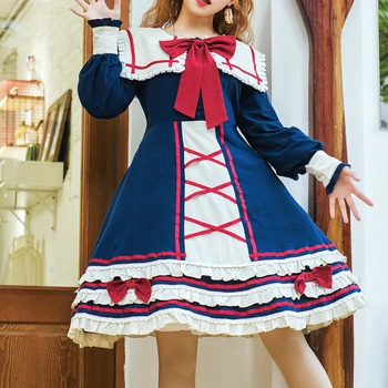 Francês Vintage Design Lolita Vestido de Mulher Bonito Marinha Gola de Laço Arco Clássico Lolita Vestido de Princesa OP Chá Elegante Vestido de Festa
