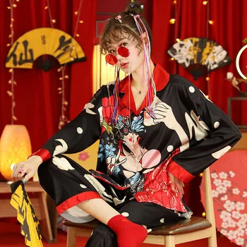 Mulheres Conjunto de Pijama de Seda Como Homewear Teatral Máscara de Impressão Pijamas Chinês de Estilo Vintage Camisola Femme Novo пижама женская