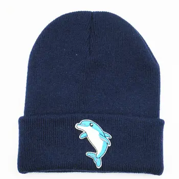 Cartoon dolphin bordado Engrossar chapéu de malha de inverno chapéu morno Skullies boné chapéu de gorro para o garoto homens mulheres 98