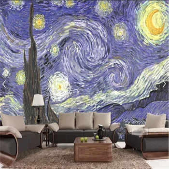 Personalizado Van Gogh Pintura a Óleo Céu Estrelado Foto 3D Papéis de parede para Sala de estar, Quartos Papéis de Parede Decoração Papel De Parede 3D