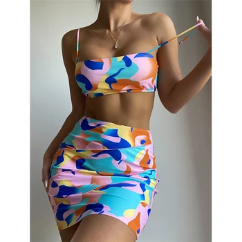 3 Peça 2022 Novo Estilo das Mulheres de Maiô Cor Pack Hip Impressão Geométrica Sexy Brasileira Praia de Sunga Tie Dye Bikini Sexy Trikini
