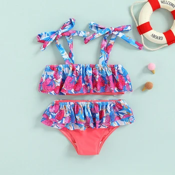 SummerKids Swimwear Meninas Casual Maiô com estampa Floral e Curativo Funda Crop Tops com Babados Patchwork Calções de Crianças Maiô