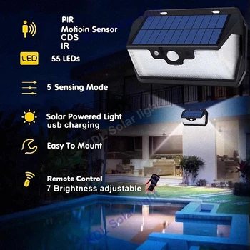55 LED 900lm Luz Solar, de controle remoto por radar inteligente 3 lado iluminação 1PC 6 30 Exteriores do Sol rua lâmpada de parede quintal acampamento de garagem