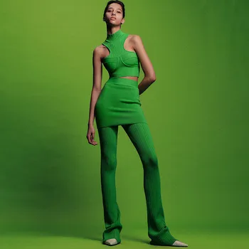 Mulheres Duas Peças de Conjunto Verde sem Mangas Curtas Crop Top 2022 Moda de Malha com Nervuras Bodycon Bandage Cintura Alta Calças Flare