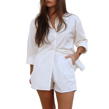 2Pcs Mulheres Roupas de Verão de Moda Sólido de Cor de Mangas compridas Single-Breasted Camisa + Shorts de Cintura Elástica Conjuntos de Roupas para Meninas