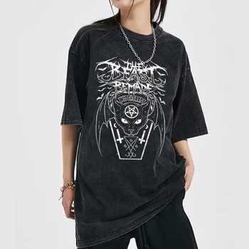gótico gato Impressão Gráfica Unisex T-shirt Harajuku Estética Casual Digital de Injeção Direta de Superior Lavado de manga Curta de Algodão tees