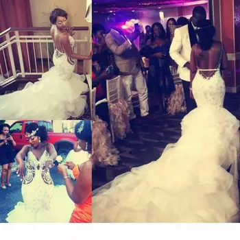 Cristal Vestido De Noiva De Strass, Miçangas Apliques De Renda Em Camadas Sereia Vestidos De Noiva África Do Sul Sem Encosto Do Vestido De Casamento