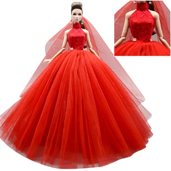 NK Oficial 1 Pcs de Alta Qualidade Vestido Vermelho para a Boneca Barbie Festa de Dança Noiva Vestir Vestido + Véu de Rendas Roupas, Acessórios, Brinquedos