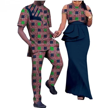 Africana de Impressão de Longa colcha de Retalhos de Vestidos para Mulheres Bazin Riche Homens Topo Camisa Casal Vestuário Africano Amantes de Casal Roupas