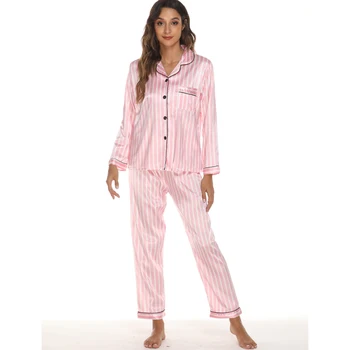 Casa Terno para as Mulheres de Cetim de Seda Quente de manga comprida, Calças de Pijama Listrado Impressão de Lapela Pijamas Com 2 Peças de Homewear Loungewear